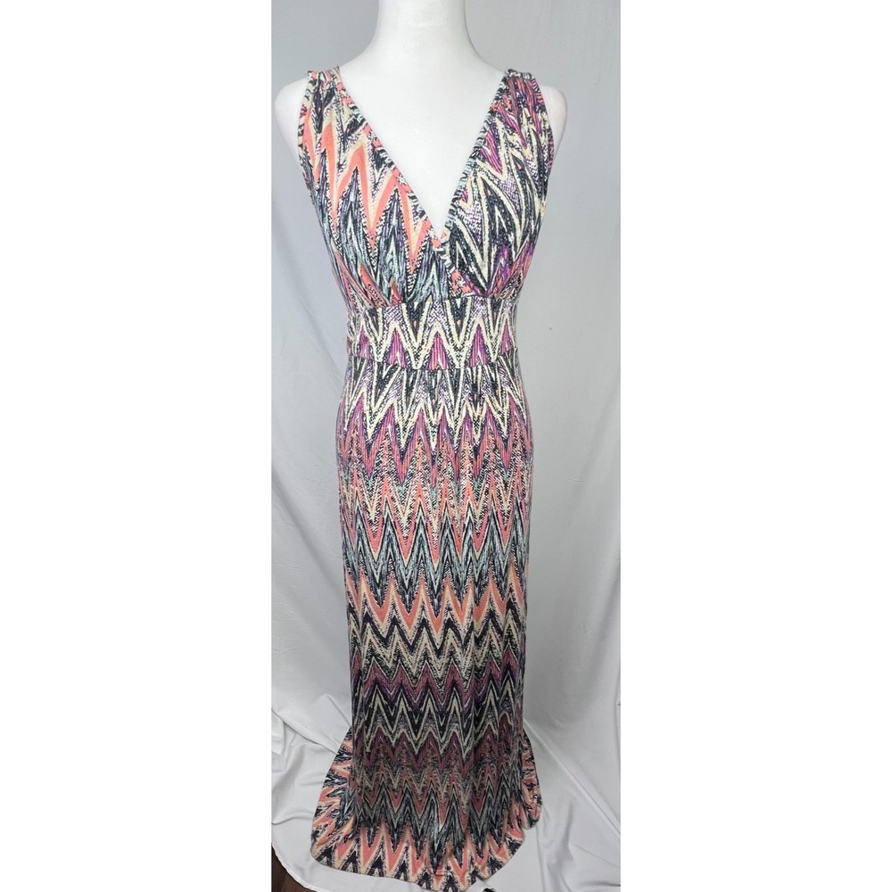Loveappella Womens Maxi Dress Medium Multicolor Chevron Print Sleeveless V-Neck